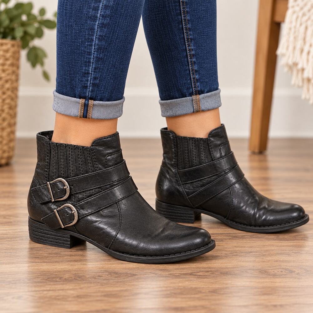 Born Womens Black Leather Ankle Boots 7M Double Buckle Moto Western Booties